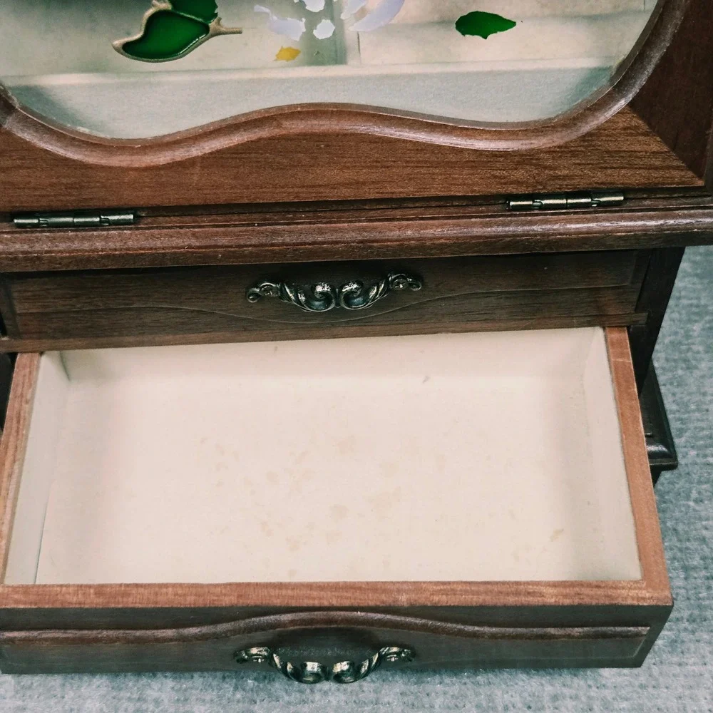 Vtg Wood Jewelry Box Stained Glass Floral Inlay 2 Drawers Ring Organizer Brown